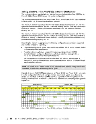 86 IBM Power S1014, S1022s, S1022, and S1024 Technical Overview and Introduction
Memory rules for 2-socket Power S1022 and Power S1024 servers
The minimum ordering granularity is two identical memory feature codes (four DDIMMs) for
Power S1022 or Power S1024 server in 2-socket configuration.
The minimum memory capacity limit of the Power S1022 or the Power S1024 2-socket server
is 64 GB, which can be fulfilled by two #EM6N features.
The maximum memory capacity of the Power S1022 in 2-socket configuration is 4 TB. This
specific maximum configuration requires 16 #EM6Y memory features. Until the availability of
the 128 GB memory DDIMMs (planned for 9 December 2022), the maximum memory
capacity is 2 TB.
The maximum memory capacity of the Power S1024 in 2-socket configuration is 8 TB. This
specific maximum configuration requires 16 #EM78 memory features. Until the availability of
the 128 GB memory DDIMMs and 256 GB memory DDIMMs (planned for 9 December 2022),
the maximum memory capacity is 2 TB.
Regarding the memory plugging rules, the following configuration scenarios are supported
and must be considered separately:
򐂰 Only one memory feature type is used across both sockets and all of the DDIMMs adhere
to the same technical specification.
򐂰 Two different memory feature codes with the corresponding different DDIMM
characteristics are configured. Each memory feature code type is assigned in a
one-to-one relation to one of the two DCM sockets.
It is not required to configure equal quantities of the two memory feature types. A
maximum of eight configured entities of each memory feature type (16 DDIMMs of equal
specification) are allowed.
Figure 2-25 shows the DDIMM plug sequence for Power S1022 and Power S1024 servers in
2-socket configuration when only a single memory feature code type is used. Each chip
(chip-0 and chip-1) of each DCM (DCM-0 and DCM-1) provide four memory channels for
memory module access. All memory DDIMMs are of the same type, as highlighted in green in
Figure 2-25.
Figure 2-25 DDIMM plug sequence for Power S1022 and Power S1024 2-socket servers
Note: The Power S1022 nor the Power S1024 servers support memory configurations that
are based on more than two memory feature types.
A B A B A B A B A B A B A B A B A B A B A B A B A B A B A B A B
C12 C13 C27 C32 C28 C29 C31 C30 C18 C17 C16 C35 C37 C36 C34 C33 C19 C20 C21 C30 C38 C39 C41 C42 C25 C26 C48 C43 C47 C46 C44 C45
1 1 1 1
2 2 2 2
3 3 3 3
4 4 4 4
5 5 5 5
6 6 6 6
7 7 7 7
8 8 8 8
Power10 DCM-0
Chip-0 Chip-1
OMI0 OMI1 OMI2 OMI3 OMI4 OMI5 OMI6
Power10 DCM-1
Chip-0 Chip-1
OMI0 OMI1 OMI2 OMI3 OMI4 OMI5 OMI6 OMI7
OMI7
 