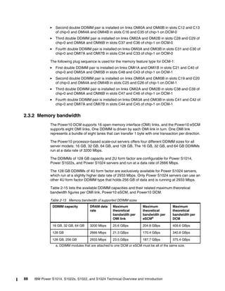 88 IBM Power S1014, S1022s, S1022, and S1024 Technical Overview and Introduction
򐂰 Second double DDIMM pair is installed on links OMI0A and OMI0B in slots C12 and C13
of chip-0 and OMI4A and OMI4B in slots C16 and C35 of chip-1 on DCM-0
򐂰 Third double DDIMM pair is installed on links OMI2A and OMI2B in slots C28 and C29 of
chip-0 and OMI6A and OMI6B in slots C37 and C36 of chip-1 on DCM-0
򐂰 Fourth double DDIMM pair is installed on links OMI3A and OMI3B in slots C31 and C30 of
chip-0 and OMI7A and OMI7B in slots C34 and C33 of chip-1 on DCM-0
The following plug sequence is used for the memory feature type for DCM-1:
򐂰 First double DDIMM pair is installed on links OMI1A and OMI1B in slots C21 and C40 of
chip-0 and OMI5A and OMI5B in slots C48 and C43 of chip-1 on DCM-1
򐂰 Second double DDIMM pair is installed on links OMI0A and OMI0B in slots C19 and C20
of chip-0 and OMI4A and OMI4B in slots C25 and C26 of chip-1 on DCM-1
򐂰 Third double DDIMM pair is installed on links OMI2A and OMI2B in slots C38 and C39 of
chip-0 and OMI6A and OMI6B in slots C47 and C46 of chip-1 on DCM-1
򐂰 Fourth double DDIMM pair is installed on links OMI3A and OMI3B in slots C41 and C42 of
chip-0 and OMI7A and OMI7B in slots C44 and C45 of chip-1 on DCM-1
2.3.2 Memory bandwidth
The Power10 DCM supports 16 open memory interface (OMI) links, and the Power10 eSCM
supports eight OMI links. One DDIMM is driven by each OMI link in turn. One OMI link
represents a bundle of eight lanes that can transfer 1 byte with one transaction per direction.
The Power10 processor-based scale-out servers offers four different DDIMM sizes for all
server models: 16 GB, 32 GB, 64 GB, and 128 GB. The 16 GB, 32 GB, and 64 GB DDIMMs
run at a data rate of 3200 Mbps.
The DDIMMs of 128 GB capacity and 2U form factor are configurable for Power S1014,
Power S1022s, and Power S1024 servers and run at a data rate of 2666 Mbps.
The 128 GB DDIMMs of 4U form factor are exclusively available for Power S1024 servers,
which run at a slightly higher data rate of 2933 Mbps. Only Power S1024 servers can use an
other 4U form factor DDIMM type that holds 256 GB of data and is running at 2933 Mbps.
Table 2-15 lists the available DDIMM capacities and their related maximum theoretical
bandwidth figures per OMI link, Power10 eSCM, and Power10 DCM.
Table 2-15 Memory bandwidth of supported DDIMM sizes
DDIMM capacity DRAM data
rate
Maximum
theoretical
bandwidth per
OMI link
Maximum
theoretical
bandwidth per
eSCMa
a. DDIMM modules that are attached to one DCM or eSCM must be all of the same size.
Maximum
theoretical
bandwidth per
DCM
16 GB, 32 GB, 64 GB 3200 Mbps 25.6 GBps 204.8 GBps 409.6 GBps
128 GB 2666 Mbps 21.3 GBps 170.4 GBps 340.8 GBps
128 GB, 256 GB 2933 Mbps 23.5 GBps 187.7 GBps 375.4 GBps
 