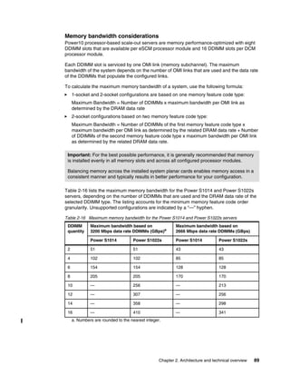 Chapter 2. Architecture and technical overview 89
Memory bandwidth considerations
Power10 processor-based scale-out servers are memory performance-optimized with eight
DDIMM slots that are available per eSCM processor module and 16 DDIMM slots per DCM
processor module.
Each DDIMM slot is serviced by one OMI link (memory subchannel). The maximum
bandwidth of the system depends on the number of OMI links that are used and the data rate
of the DDIMMs that populate the configured links.
To calculate the maximum memory bandwidth of a system, use the following formula:
򐂰 1-socket and 2-socket configurations are based on one memory feature code type:
Maximum Bandwidth = Number of DDIMMs x maximum bandwidth per OMI link as
determined by the DRAM data rate
򐂰 2-socket configurations based on two memory feature code type:
Maximum Bandwidth = Number of DDIMMs of the first memory feature code type x
maximum bandwidth per OMI link as determined by the related DRAM data rate + Number
of DDIMMs of the second memory feature code type x maximum bandwidth per OMI link
as determined by the related DRAM data rate.
Table 2-16 lists the maximum memory bandwidth for the Power S1014 and Power S1022s
servers, depending on the number of DDIMMs that are used and the DRAM data rate of the
selected DDIMM type. The listing accounts for the minimum memory feature code order
granularity. Unsupported configurations are indicated by a “—” hyphen.
Table 2-16 Maximum memory bandwidth for the Power S1014 and Power S1022s servers
Important: For the best possible performance, it is generally recommended that memory
is installed evenly in all memory slots and across all configured processor modules.
Balancing memory across the installed system planar cards enables memory access in a
consistent manner and typically results in better performance for your configuration.
DDIMM
quantity
Maximum bandwidth based on
3200 Mbps data rate DDIMMs (GBps)a
a. Numbers are rounded to the nearest integer.
Maximum bandwidth based on
2666 Mbps data rate DDIMMs (GBps)
Power S1014 Power S1022s Power S1014 Power S1022s
2 51 51 43 43
4 102 102 85 85
6 154 154 128 128
8 205 205 170 170
10 — 256 — 213
12 — 307 — 256
14 — 358 — 298
16 — 410 — 341
 