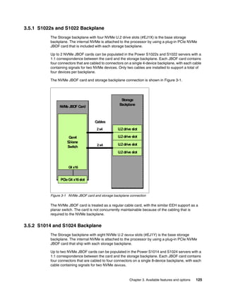 Chapter 3. Available features and options 125
3.5.1 S1022s and S1022 Backplane
The Storage backplane with four NVMe U.2 drive slots (#EJ1X) is the base storage
backplane. The internal NVMe is attached to the processor by using a plug-in PCIe NVMe
JBOF card that is included with each storage backplane.
Up to 2 NVMe JBOF cards can be populated in the Power S1022s and S1022 servers with a
1:1 correspondence between the card and the storage backplane. Each JBOF card contains
four connectors that are cabled to connectors on a single 4-device backplane, with each cable
containing signals for two NVMe devices. Only two cables are installed to support a total of
four devices per backplane.
The NVMe JBOF card and storage backplane connection is shown in Figure 3-1.
Figure 3-1 NVMe JBOF card and storage backplane connection
The NVMe JBOF card is treated as a regular cable card, with the similar EEH support as a
planar switch. The card is not concurrently maintainable because of the cabling that is
required to the NVMe backplane.
3.5.2 S1014 and S1024 Backplane
The Storage backplane with eight NVMe U.2 device slots (#EJ1Y) is the base storage
backplane. The internal NVMe is attached to the processor by using a plug-in PCIe NVMe
JBOF card that ship with each storage backplane.
Up to two NVMe JBOF cards can be populated in the Power S1014 and S1024 servers with a
1:1 correspondence between the card and the storage backplane. Each JBOF card contains
four connectors that are cabled to four connectors on a single 8-device backplane, with each
cable containing signals for two NVMe devices.
Gen4
52-lane
Switch
PCIeG4 x16slot
U.2drive slot
NVMe JBOF Card
G
4 x16
U.2drive slot
U.2drive slot
U.2drive slot
Storage
Backplane
Cables
2x4
2x4
 