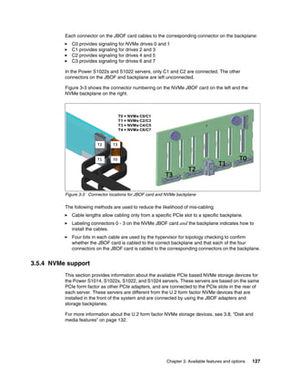 Chapter 3. Available features and options 127
Each connector on the JBOF card cables to the corresponding connector on the backplane:
򐂰 C0 provides signaling for NVMe drives 0 and 1
򐂰 C1 provides signaling for drives 2 and 3
򐂰 C2 provides signaling for drives 4 and 5
򐂰 C3 provides signaling for drives 6 and 7
In the Power S1022s and S1022 servers, only C1 and C2 are connected. The other
connectors on the JBOF and backplane are left unconnected.
Figure 3-3 shows the connector numbering on the NVMe JBOF card on the left and the
NVMe backplane on the right.
Figure 3-3 Connector locations for JBOF card and NVMe backplane
The following methods are used to reduce the likelihood of mis-cabling:
򐂰 Cable lengths allow cabling only from a specific PCIe slot to a specific backplane.
򐂰 Labeling connectors 0 - 3 on the NVMe JBOF card and the backplane indicates how to
install the cables.
򐂰 Four bits in each cable are used by the hypervisor for topology checking to confirm
whether the JBOF card is cabled to the correct backplane and that each of the four
connectors on the JBOF card is cabled to the corresponding connectors on the backplane.
3.5.4 NVMe support
This section provides information about the available PCIe based NVMe storage devices for
the Power S1014, S1022s, S1022, and S1024 servers. These servers are based on the same
PCIe form factor as other PCIe adapters, and are connected to the PCIe slots in the rear of
each server. These servers are different from the U.2 form factor NVMe devices that are
installed in the front of the system and are connected by using the JBOF adapters and
storage backplanes.
For more information about the U.2 form factor NVMe storage devices, see 3.8, “Disk and
media features” on page 132.
T0 = NVMe C0/C1
T1 = NVMe C2/C3
T3 = NVMe C4/C5
T4 = NVMe C6/C7
 