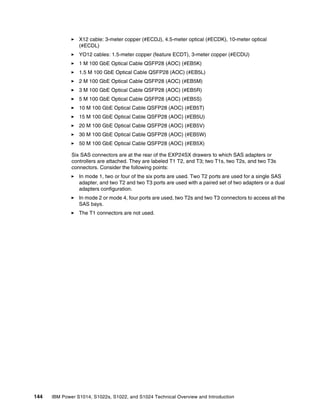 144 IBM Power S1014, S1022s, S1022, and S1024 Technical Overview and Introduction
򐂰 X12 cable: 3-meter copper (#ECDJ), 4.5-meter optical (#ECDK), 10-meter optical
(#ECDL)
򐂰 YO12 cables: 1.5-meter copper (feature ECDT), 3-meter copper (#ECDU)
򐂰 1 M 100 GbE Optical Cable QSFP28 (AOC) (#EB5K)
򐂰 1.5 M 100 GbE Optical Cable QSFP28 (AOC) (#EB5L)
򐂰 2 M 100 GbE Optical Cable QSFP28 (AOC) (#EB5M)
򐂰 3 M 100 GbE Optical Cable QSFP28 (AOC) (#EB5R)
򐂰 5 M 100 GbE Optical Cable QSFP28 (AOC) (#EB5S)
򐂰 10 M 100 GbE Optical Cable QSFP28 (AOC) (#EB5T)
򐂰 15 M 100 GbE Optical Cable QSFP28 (AOC) (#EB5U)
򐂰 20 M 100 GbE Optical Cable QSFP28 (AOC) (#EB5V)
򐂰 30 M 100 GbE Optical Cable QSFP28 (AOC) (#EB5W)
򐂰 50 M 100 GbE Optical Cable QSFP28 (AOC) (#EB5X)
Six SAS connectors are at the rear of the EXP24SX drawers to which SAS adapters or
controllers are attached. They are labeled T1 T2, and T3; two T1s, two T2s, and two T3s
connectors. Consider the following points:
򐂰 In mode 1, two or four of the six ports are used. Two T2 ports are used for a single SAS
adapter, and two T2 and two T3 ports are used with a paired set of two adapters or a dual
adapters configuration.
򐂰 In mode 2 or mode 4, four ports are used, two T2s and two T3 connectors to access all the
SAS bays.
򐂰 The T1 connectors are not used.
 