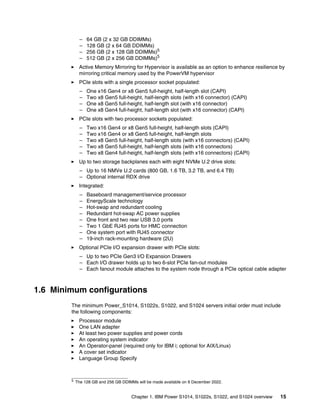 Chapter 1. IBM Power S1014, S1022s, S1022, and S1024 overview 15
– 64 GB (2 x 32 GB DDIMMs)
– 128 GB (2 x 64 GB DDIMMs)
– 256 GB (2 x 128 GB DDIMMs)5
– 512 GB (2 x 256 GB DDIMMs)5
򐂰 Active Memory Mirroring for Hypervisor is available as an option to enhance resilience by
mirroring critical memory used by the PowerVM hypervisor
򐂰 PCIe slots with a single processor socket populated:
– One x16 Gen4 or x8 Gen5 full-height, half-length slot (CAPI)
– Two x8 Gen5 full-height, half-length slots (with x16 connector) (CAPI)
– One x8 Gen5 full-height, half-length slot (with x16 connector)
– One x8 Gen4 full-height, half-length slot (with x16 connector) (CAPI)
򐂰 PCIe slots with two processor sockets populated:
– Two x16 Gen4 or x8 Gen5 full-height, half-length slots (CAPI)
– Two x16 Gen4 or x8 Gen5 full-height, half-length slots
– Two x8 Gen5 full-height, half-length slots (with x16 connectors) (CAPI)
– Two x8 Gen5 full-height, half-length slots (with x16 connectors)
– Two x8 Gen4 full-height, half-length slots (with x16 connectors) (CAPI)
򐂰 Up to two storage backplanes each with eight NVMe U.2 drive slots:
– Up to 16 NMVe U.2 cards (800 GB, 1.6 TB, 3.2 TB, and 6.4 TB)
– Optional internal RDX drive
򐂰 Integrated:
– Baseboard management/service processor
– EnergyScale technology
– Hot-swap and redundant cooling
– Redundant hot-swap AC power supplies
– One front and two rear USB 3.0 ports
– Two 1 GbE RJ45 ports for HMC connection
– One system port with RJ45 connector
– 19-inch rack-mounting hardware (2U)
򐂰 Optional PCIe I/O expansion drawer with PCIe slots:
– Up to two PCIe Gen3 I/O Expansion Drawers
– Each I/O drawer holds up to two 6-slot PCIe fan-out modules
– Each fanout module attaches to the system node through a PCIe optical cable adapter
1.6 Minimum configurations
The minimum Power_S1014, S1022s, S1022, and S1024 servers initial order must include
the following components:
򐂰 Processor module
򐂰 One LAN adapter
򐂰 At least two power supplies and power cords
򐂰 An operating system indicator
򐂰 An Operator-panel (required only for IBM i; optional for AIX/Linux)
򐂰 A cover set indicator
򐂰 Language Group Specify
5 The 128 GB and 256 GB DDIMMs will be made available on 9 December 2022.
 