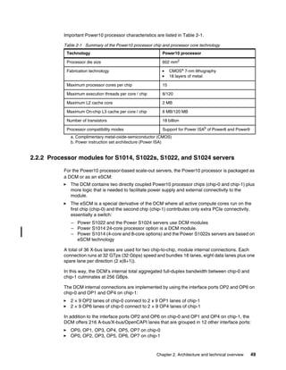 Chapter 2. Architecture and technical overview 49
Important Power10 processor characteristics are listed in Table 2-1.
Table 2-1 Summary of the Power10 processor chip and processor core technology
2.2.2 Processor modules for S1014, S1022s, S1022, and S1024 servers
For the Power10 processor-based scale-out servers, the Power10 processor is packaged as
a DCM or as an eSCM:
򐂰 The DCM contains two directly coupled Power10 processor chips (chip-0 and chip-1) plus
more logic that is needed to facilitate power supply and external connectivity to the
module.
򐂰 The eSCM is a special derivative of the DCM where all active compute cores run on the
first chip (chip-0) and the second chip (chip-1) contributes only extra PCIe connectivity,
essentially a switch:
– Power S1022 and the Power S1024 servers use DCM modules
– Power S1014 24-core processor option is a DCM module.
– Power S1014 (4-core and 8-core options) and the Power S1022s servers are based on
eSCM technology
A total of 36 X-bus lanes are used for two chip-to-chip, module internal connections. Each
connection runs at 32 GTps (32 Gbps) speed and bundles 18 lanes, eight data lanes plus one
spare lane per direction (2 x(8+1)).
In this way, the DCM’s internal total aggregated full-duplex bandwidth between chip-0 and
chip-1 culminates at 256 GBps.
The DCM internal connections are implemented by using the interface ports OP2 and OP6 on
chip-0 and OP1 and OP4 on chip-1:
򐂰 2 × 9 OP2 lanes of chip-0 connect to 2 x 9 OP1 lanes of chip-1
򐂰 2 × 9 OP6 lanes of chip-0 connect to 2 × 9 OP4 lanes of chip-1
In addition to the interface ports OP2 and OP6 on chip-0 and OP1 and OP4 on chip-1, the
DCM offers 216 A-bus/X-bus/OpenCAPI lanes that are grouped in 12 other interface ports:
򐂰 OP0, OP1, OP3, OP4, OP5, OP7 on chip-0
򐂰 OP0, OP2, OP3, OP5, OP6, OP7 on chip-1
Technology Power10 processor
Processor die size 602 mm2
Fabrication technology 򐂰 CMOSa
7-nm lithography
򐂰 18 layers of metal
a. Complimentary metal-oxide-semiconductor (CMOS)
Maximum processor cores per chip 15
Maximum execution threads per core / chip 8/120
Maximum L2 cache core 2 MB
Maximum On-chip L3 cache per core / chip 8 MB/120 MB
Number of transistors 18 billion
Processor compatibility modes Support for Power ISAb
of Power8 and Power9
b. Power instruction set architecture (Power ISA)
 