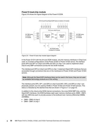 50 IBM Power S1014, S1022s, S1022, and S1024 Technical Overview and Introduction
Power10 dual-chip module
Figure 2-6 shows the logical diagram of the Power10 DCM.
Figure 2-6 Power10 dual-chip module logical diagram
In the Power S1014 with the 24-core DCM module, only the memory interfaces in Chip-0 are
used. In 2-socket configurations of the Power S1022 or Power S1024 server, the interface
ports OP4 and OP7 on chip-0 and OP6 and OP7 on chip-1 are used to implement direct
chip-to-chip SMP connections across the two DCM modules.
The interface port OP3 on chip-0 and OP0 on chip-1 implement OpenCAPI interfaces that are
accessible through connectors that are on the mainboard of Power S1022 and Power S1024
servers.
The interface ports OP0, OP1, and OP5 on chip-0 and OP2, OP3, and OP5 on chip-1 are
physically present, but not used by DCMs in Power S1022 and Power S1024 servers. This
status is indicated by the dashed lines that are shown in Figure 2-1 on page 43.
In addition to the chip-to-chip DCM internal connections, the cross DCM SMP links, and the
OpenCAPI interfaces, the DCM facilitates eight open memory interface ports (OMI0 - OMI7)
with two OMI links each to provide access to the buffered main memory differential DIMMs
(DDIMMs):
򐂰 OMI0 - OMI3 of chip-0
򐂰 OMI4 - OMI7 of chip-1
Note: Although the OpenCAPI interfaces likely can be used in the future, they are not used
by available technology products as of this writing.
Power10
Chip-0
Power10
Chip-1
OP1
OP2
OP4
OP6
74.5 mm x 85.75 mm
OMI0
OMI1
OMI2
OMI3
64 OMI lanes
to bottom
of module
OMI4
OMI5
OMI6
OMI7
64 OMI lanes
to bottom
of module
64 PCIe5 lanes
to bottom of module
E0 E1 E0 E1
OP0
OP1
OP3
OP4
OP5
OP7
OP0
OP2
OP3
OP5
OP6
OP7
216 A-bus/X-bus/OpenCAPI lanes to bottom of module
 
