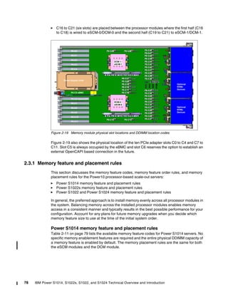 78 IBM Power S1014, S1022s, S1022, and S1024 Technical Overview and Introduction
򐂰 C16 to C21 (six slots) are placed between the processor modules where the first half (C16
to C18) is wired to eSCM-0/DCM-0 and the second half (C19 to C21) to eSCM-1/DCM-1.
Figure 2-19 Memory module physical slot locations and DDIMM location codes
Figure 2-19 also shows the physical location of the ten PCIe adapter slots C0 to C4 and C7 to
C11. Slot C5 is always occupied by the eBMC and slot C6 reserves the option to establish an
external OpenCAPI based connection in the future.
2.3.1 Memory feature and placement rules
This section discusses the memory feature codes, memory feature order rules, and memory
placement rules for the Power10 processor-based scale-out servers:
򐂰 Power S1014 memory feature and placement rules
򐂰 Power S1022s memory feature and placement rules
򐂰 Power S1022 and Power S1024 memory feature and placement rules
In general, the preferred approach is to install memory evenly across all processor modules in
the system. Balancing memory across the installed processor modules enables memory
access in a consistent manner and typically results in the best possible performance for your
configuration. Account for any plans for future memory upgrades when you decide which
memory feature size to use at the time of the initial system order.
Power S1014 memory feature and placement rules
Table 2-11 on page 79 lists the available memory feature codes for Power S1014 servers. No
specific memory enablement features are required and the entire physical DDIMM capacity of
a memory feature is enabled by default. The memory placement rules are the same for both
the eSCM modules and the DCM module.
P0-C25 P0-C26
P0-C16
P0-C17
P0-C18
P0-C19
P0-C20
P0-C21
DCM-1 /
eSCM-1
DCM-0 /
eSCM-0
P0-C12 P0-C13 P0-C27
P0-C28
P0-C29
P0-C30
P0-C31
P0-C32
P0-C33
P0-C34
P0-C35
P0-C36
P0-C37
P0-C38
P0-C39
P0-C40
P0-C41
P0-C42
P0-C43
P0-C44
P0-C45
P0-C46
P0-C47
P0-C48
P0-C0
P0-C1
P0-C2
P0-C3
P0-C4
P0-C5 eBMC
P0-C6 OpenCAPI
P0-C7
P0-C8
P0-C9
P0-C10
P0-C11
Power Supply Units
Optional
NVMe
Devices
Optional
NVMe
Devices
 