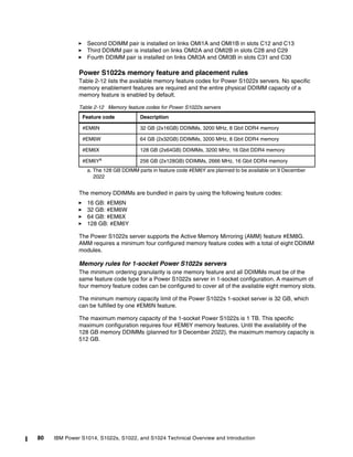 80 IBM Power S1014, S1022s, S1022, and S1024 Technical Overview and Introduction
򐂰 Second DDIMM pair is installed on links OMI1A and OMI1B in slots C12 and C13
򐂰 Third DDIMM pair is installed on links OMI2A and OMI2B in slots C28 and C29
򐂰 Fourth DDIMM pair is installed on links OMI3A and OMI3B in slots C31 and C30
Power S1022s memory feature and placement rules
Table 2-12 lists the available memory feature codes for Power S1022s servers. No specific
memory enablement features are required and the entire physical DDIMM capacity of a
memory feature is enabled by default.
Table 2-12 Memory feature codes for Power S1022s servers
The memory DDIMMs are bundled in pairs by using the following feature codes:
򐂰 16 GB: #EM6N
򐂰 32 GB: #EM6W
򐂰 64 GB: #EM6X
򐂰 128 GB: #EM6Y
The Power S1022s server supports the Active Memory Mirroring (AMM) feature #EM8G.
AMM requires a minimum four configured memory feature codes with a total of eight DDIMM
modules.
Memory rules for 1-socket Power S1022s servers
The minimum ordering granularity is one memory feature and all DDIMMs must be of the
same feature code type for a Power S1022s server in 1-socket configuration. A maximum of
four memory feature codes can be configured to cover all of the available eight memory slots.
The minimum memory capacity limit of the Power S1022s 1-socket server is 32 GB, which
can be fulfilled by one #EM6N feature.
The maximum memory capacity of the 1-socket Power S1022s is 1 TB. This specific
maximum configuration requires four #EM6Y memory features. Until the availability of the
128 GB memory DDIMMs (planned for 9 December 2022), the maximum memory capacity is
512 GB.
Feature code Description
#EM6N 32 GB (2x16GB) DDIMMs, 3200 MHz, 8 Gbit DDR4 memory
#EM6W 64 GB (2x32GB) DDIMMs, 3200 MHz, 8 Gbit DDR4 memory
#EM6X 128 GB (2x64GB) DDIMMs, 3200 MHz, 16 Gbit DDR4 memory
#EM6Ya
a. The 128 GB DDIMM parts in feature code #EM6Y are planned to be available on 9 December
2022
256 GB (2x128GB) DDIMMs, 2666 MHz, 16 Gbit DDR4 memory
 