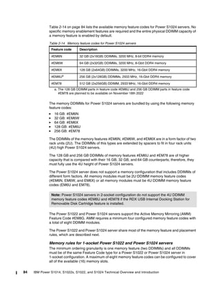 84 IBM Power S1014, S1022s, S1022, and S1024 Technical Overview and Introduction
Table 2-14 on page 84 lists the available memory feature codes for Power S1024 servers. No
specific memory enablement features are required and the entire physical DDIMM capacity of
a memory feature is enabled by default.
Table 2-14 Memory feature codes for Power S1024 servers
The memory DDIMMs for Power S1024 servers are bundled by using the following memory
feature codes:
򐂰 16 GB: #EM6N
򐂰 32 GB: #EM6W
򐂰 64 GB: #EM6X
򐂰 128 GB: #EM6U
򐂰 256 GB: #EM78
The DDIMMs of the memory features #EM6N, #EM6W, and #EM6X are in a form factor of two
rack units (2U). The DDIMMs of this types are extended by spacers to fit in four rack units
(4U) high Power S1024 servers.
The 128 GB and 256 GB DDIMMs of memory features #EM6U and #EM78 are of higher
capacity that is compared with their 16 GB, 32 GB, and 64 GB counterparts; therefore, they
must fully use the 4U height of Power S1024 servers.
The Power S1024 server does not support a memory configuration that includes DDIMMs of
different form factors. All memory modules must be 2U DDIMM memory feature codes
(#EM6N, EM6W, and EM6X) or all memory modules must be 4U DDIMM memory feature
codes (EM6U and EM78).
The Power S1022 and Power S1024 servers support the Active Memory Mirroring (AMM)
Feature Code #EM8G. AMM requires a minimum four configured memory feature codes with
a total of eight DDIMM modules.
The Power S1022 and Power S1024 server share most of the memory feature and placement
rules, which are described next.
Memory rules for 1-socket Power S1022 and Power S1024 servers
The minimum ordering granularity is one memory feature (two DDIMMs) and all DDIMMs
must be of the same Feature Code type for a Power S1022 or Power S1024 server in
1-socket configuration. A maximum of eight memory feature codes can be configured to cover
all of the available (16) memory slots.
Feature code Description
#EM6N 32 GB (2x16GB) DDIMMs, 3200 MHz, 8-bit DDR4 memory
#EM6W 64 GB (2x32GB) DDIMMs, 3200 MHz, 8-Gbit DDR4 memory
#EM6X 128 GB (2x64GB) DDIMMs, 3200 MHz, 16-Gbit DDR4 memory
#EM6Ua
a. The 128 GB DDIMM parts in feature code #EM6U and 256 GB DDIMM parts in feature code
#EM78 are planned to be available on November 18th 2022
256 GB (2x128GB) DDIMMs, 2933 MHz, 16-Gbit DDR4 memory
#EM78 512 GB (2x256GB) DDIMM, 2933 MHz, 16-Gbit DDR4 memory
Note: Power S1024 servers in 2-socket configuration do not support the 4U DDIMM
memory feature codes #EM6U and #EM78 if the RDX USB Internal Docking Station for
Removable Disk Cartridge feature is installed.
 