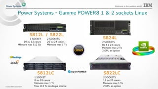 © 2015 IBM Corporation
Welcome to the waitless world
1 SOCKET
10 ou 12 cœurs
Mémoire max 512 Go
Power Systems - Gamme POWER8 1 & 2 sockets Linux
2 SOCKETS
20 ou 24 cœurs
Mémoire max 1 To
1 SOCKET
8 ou 10 cœurs
Mémoire max 1 To
Max 112 To de disque interne
S812L / S822L
S812LC S822LC
2 SOCKETS
16 ou 20 cœurs
Mémoire max 1 To
2 GPU en option
S824L
2 SOCKETS
De 8 à 24 cœurs
Mémoire max 2 To
2 GPU en option
 