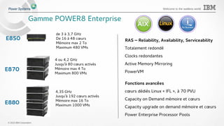 © 2015 IBM Corporation
Welcome to the waitless world
Gamme POWER8 Enterprise
E870
4 ou 4,2 GHz
Jusqu'à 80 cœurs activés
Mémoire max 4 To
Maximum 800 VMs
E880
RAS – Reliability, Availability, Serviceability
Totalement redondé
Clocks redondantes
Active Memory Mirroring
PowerVM
4,35 GHz
Jusqu'à 192 cœurs activés
Mémoire max 16 To
Maximum 1000 VMs
Fonctions avancées
cœurs dédiés Linux « IFL », à 70 PVU
Capacity on Demand mémoire et cœurs
Capacity upgrade on demand mémoire et cœurs
Power Enterprise Processor Pools
E850
de 3 à 3,7 GHz
De 16 à 48 cœurs
Mémoire max 2 To
Maximum 480 VMs
 