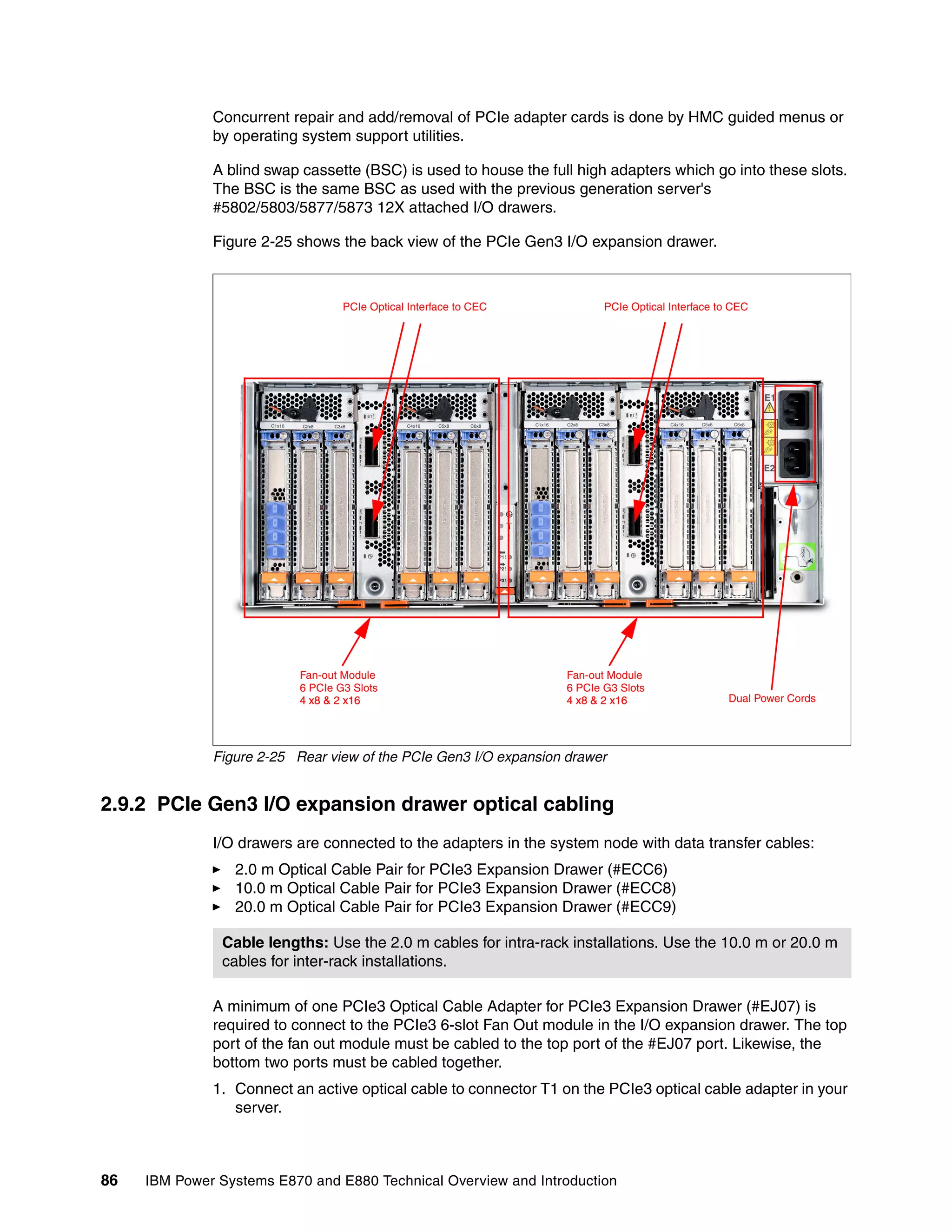 86 IBM Power Systems E870 and E880 Technical Overview and Introduction
Concurrent repair and add/removal of PCIe adapter cards is done by HMC guided menus or
by operating system support utilities.
A blind swap cassette (BSC) is used to house the full high adapters which go into these slots.
The BSC is the same BSC as used with the previous generation server's
#5802/5803/5877/5873 12X attached I/O drawers.
Figure 2-25 shows the back view of the PCIe Gen3 I/O expansion drawer.
Figure 2-25 Rear view of the PCIe Gen3 I/O expansion drawer
2.9.2 PCIe Gen3 I/O expansion drawer optical cabling
I/O drawers are connected to the adapters in the system node with data transfer cables:
2.0 m Optical Cable Pair for PCIe3 Expansion Drawer (#ECC6)
10.0 m Optical Cable Pair for PCIe3 Expansion Drawer (#ECC8)
20.0 m Optical Cable Pair for PCIe3 Expansion Drawer (#ECC9)
A minimum of one PCIe3 Optical Cable Adapter for PCIe3 Expansion Drawer (#EJ07) is
required to connect to the PCIe3 6-slot Fan Out module in the I/O expansion drawer. The top
port of the fan out module must be cabled to the top port of the #EJ07 port. Likewise, the
bottom two ports must be cabled together.
1. Connect an active optical cable to connector T1 on the PCIe3 optical cable adapter in your
server.
Fan-out Module
6 PCIe G3 Slots
4 x8 & 2 x164 x8 & 2 x16
Fan-out Module
6 PCIe G3 Slots
4 x8 & 2 x164 x8 & 2 x16 Dual Power Cords
PCIe Optical Interface to CEC PCIe Optical Interface to CEC
Cable lengths: Use the 2.0 m cables for intra-rack installations. Use the 10.0 m or 20.0 m
cables for inter-rack installations.
 