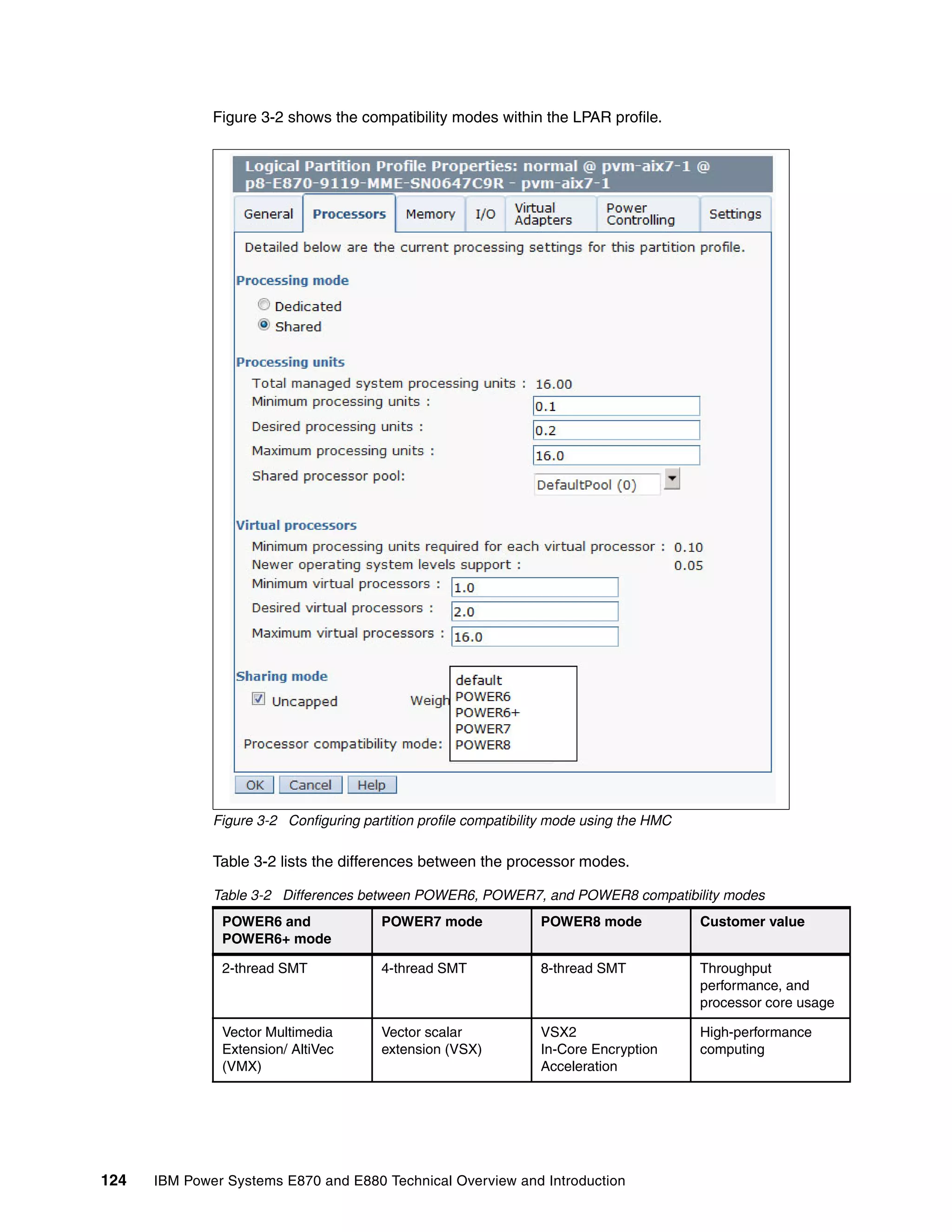 124 IBM Power Systems E870 and E880 Technical Overview and Introduction
Figure 3-2 shows the compatibility modes within the LPAR profile.
Figure 3-2 Configuring partition profile compatibility mode using the HMC
Table 3-2 lists the differences between the processor modes.
Table 3-2 Differences between POWER6, POWER7, and POWER8 compatibility modes
POWER6 and
POWER6+ mode
POWER7 mode POWER8 mode Customer value
2-thread SMT 4-thread SMT 8-thread SMT Throughput
performance, and
processor core usage
Vector Multimedia
Extension/ AltiVec
(VMX)
Vector scalar
extension (VSX)
VSX2
In-Core Encryption
Acceleration
High-performance
computing
 