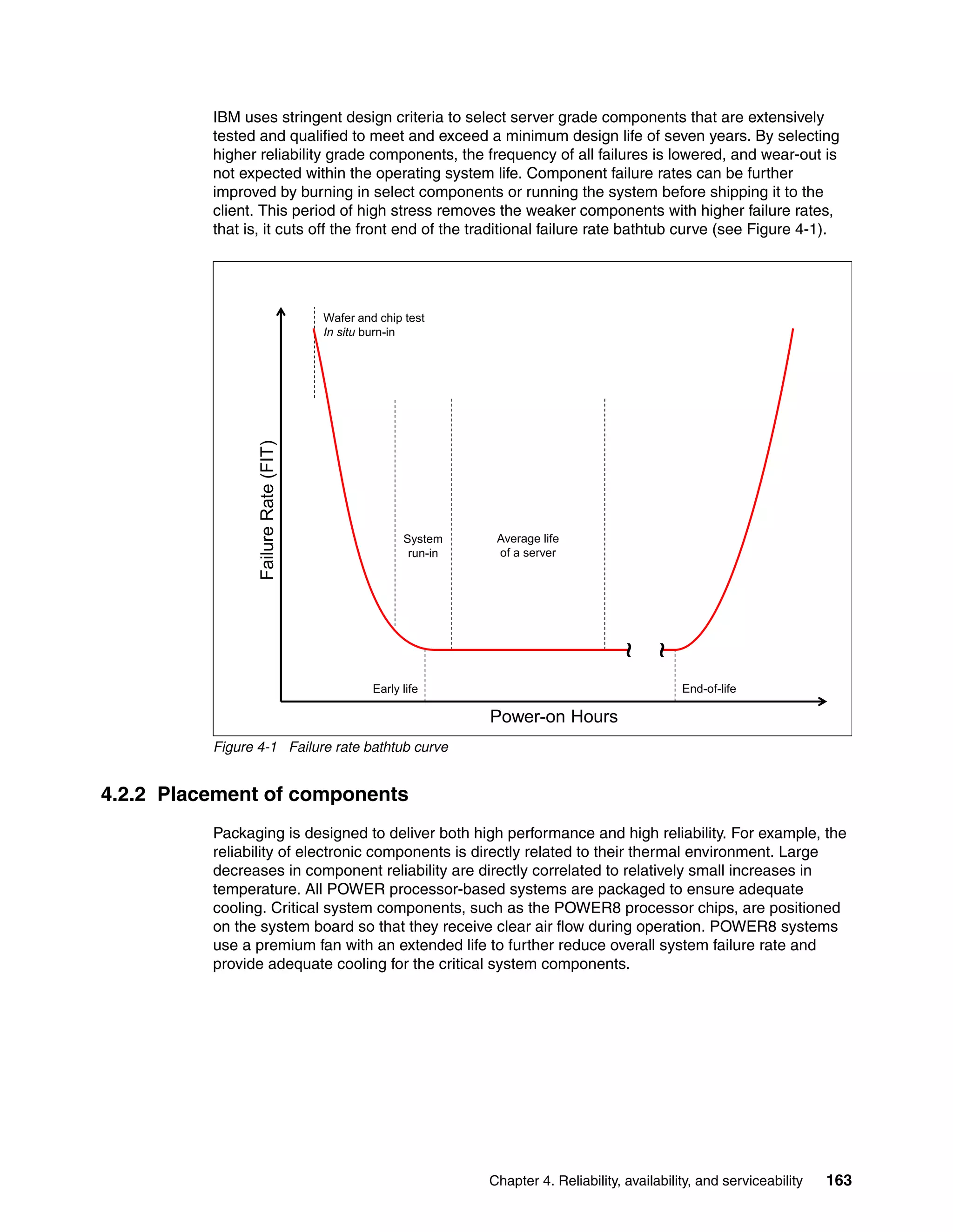 Chapter 4. Reliability, availability, and serviceability 163
IBM uses stringent design criteria to select server grade components that are extensively
tested and qualified to meet and exceed a minimum design life of seven years. By selecting
higher reliability grade components, the frequency of all failures is lowered, and wear-out is
not expected within the operating system life. Component failure rates can be further
improved by burning in select components or running the system before shipping it to the
client. This period of high stress removes the weaker components with higher failure rates,
that is, it cuts off the front end of the traditional failure rate bathtub curve (see Figure 4-1).
Figure 4-1 Failure rate bathtub curve
4.2.2 Placement of components
Packaging is designed to deliver both high performance and high reliability. For example, the
reliability of electronic components is directly related to their thermal environment. Large
decreases in component reliability are directly correlated to relatively small increases in
temperature. All POWER processor-based systems are packaged to ensure adequate
cooling. Critical system components, such as the POWER8 processor chips, are positioned
on the system board so that they receive clear air flow during operation. POWER8 systems
use a premium fan with an extended life to further reduce overall system failure rate and
provide adequate cooling for the critical system components.
FailureRate(FIT)
Power-on Hours
~
~
Early life End-of-life
Average life
of a server
System
run-in
Wafer and chip test
In situ burn-in
 