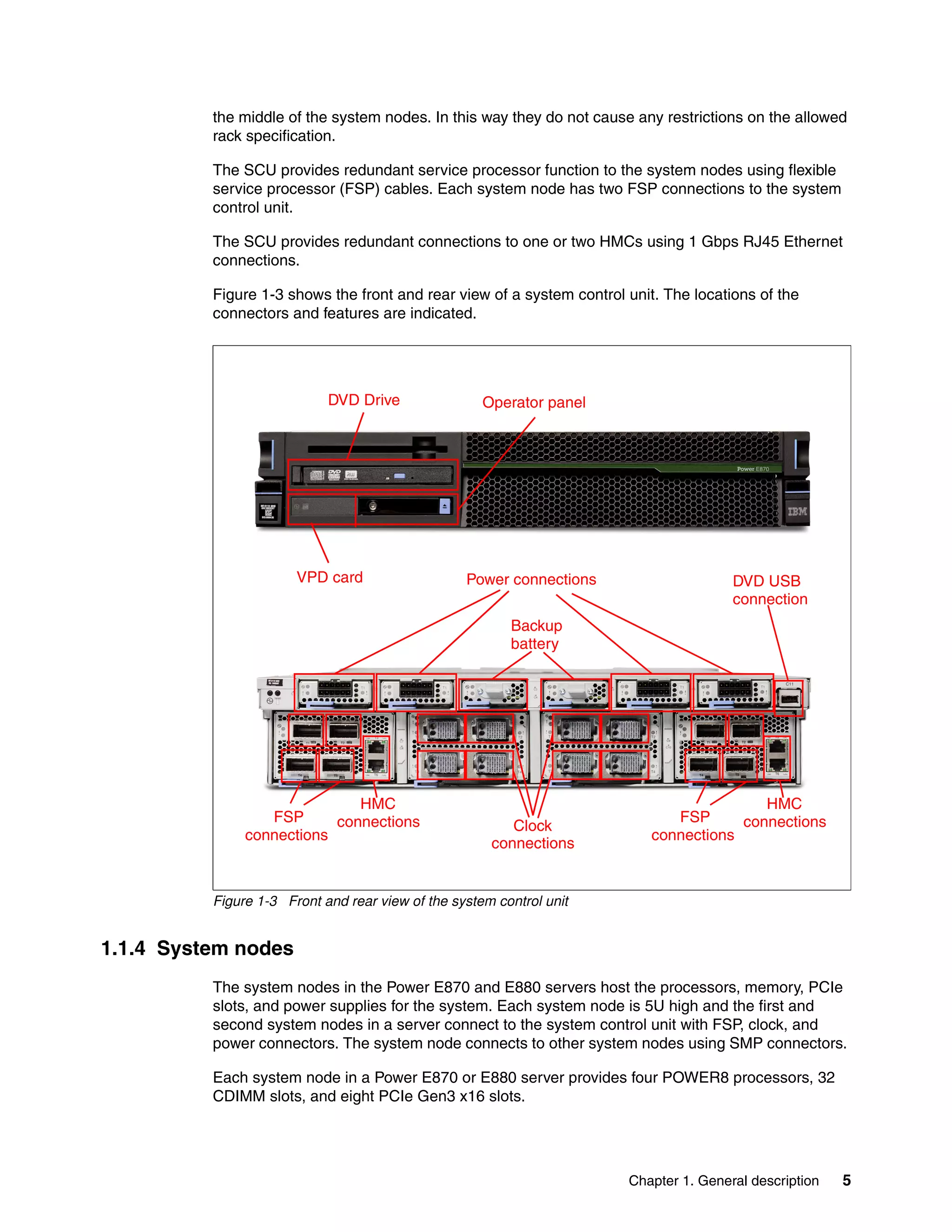 Chapter 1. General description 5
the middle of the system nodes. In this way they do not cause any restrictions on the allowed
rack specification.
The SCU provides redundant service processor function to the system nodes using flexible
service processor (FSP) cables. Each system node has two FSP connections to the system
control unit.
The SCU provides redundant connections to one or two HMCs using 1 Gbps RJ45 Ethernet
connections.
Figure 1-3 shows the front and rear view of a system control unit. The locations of the
connectors and features are indicated.
Figure 1-3 Front and rear view of the system control unit
1.1.4 System nodes
The system nodes in the Power E870 and E880 servers host the processors, memory, PCIe
slots, and power supplies for the system. Each system node is 5U high and the first and
second system nodes in a server connect to the system control unit with FSP, clock, and
power connectors. The system node connects to other system nodes using SMP connectors.
Each system node in a Power E870 or E880 server provides four POWER8 processors, 32
CDIMM slots, and eight PCIe Gen3 x16 slots.
Power connections
Backup
battery
Clock
connections
DVD USB
connection
FSP
connections
HMC
connections FSP
connections
HMC
connections
DVD Drive Operator panel
VPD card
 