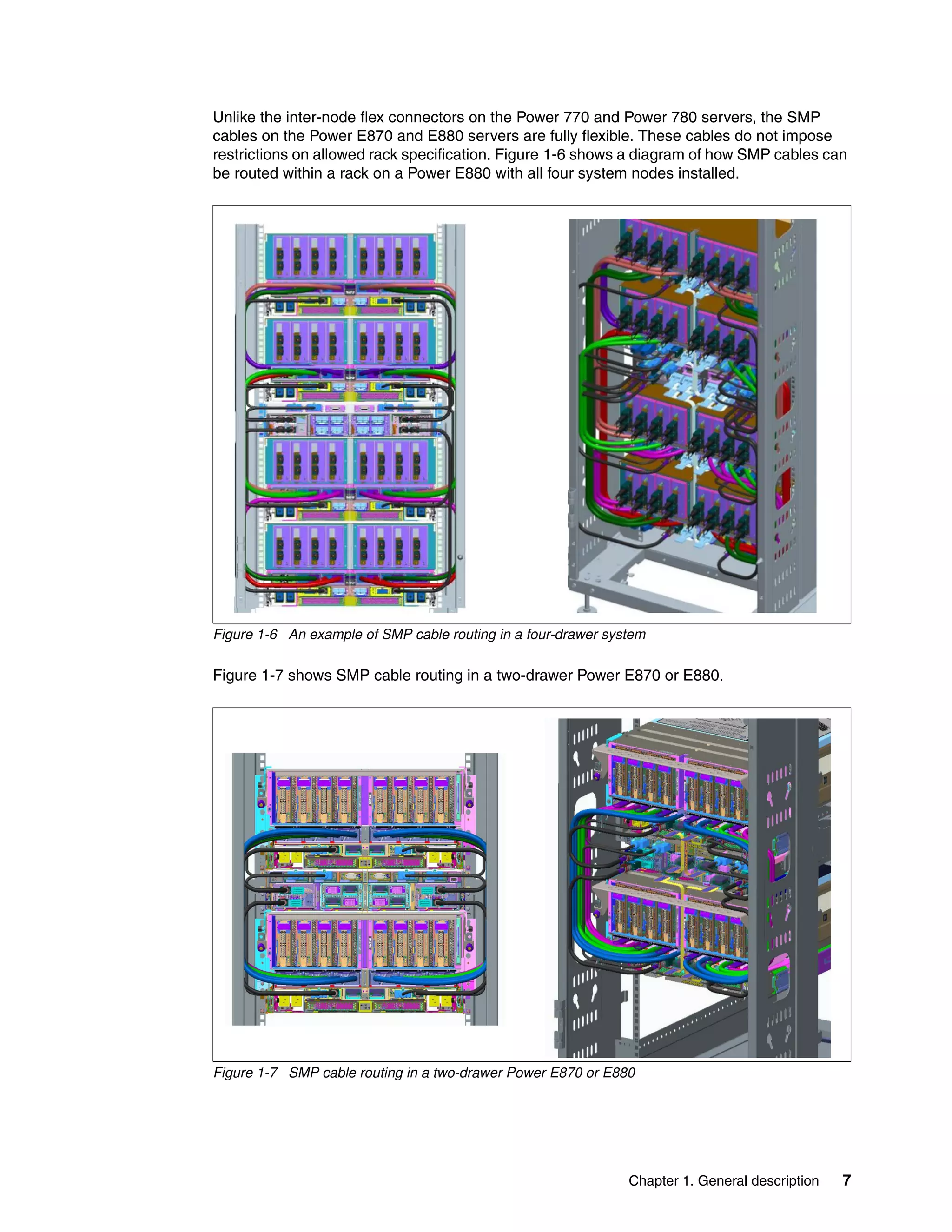 Chapter 1. General description 7
Unlike the inter-node flex connectors on the Power 770 and Power 780 servers, the SMP
cables on the Power E870 and E880 servers are fully flexible. These cables do not impose
restrictions on allowed rack specification. Figure 1-6 shows a diagram of how SMP cables can
be routed within a rack on a Power E880 with all four system nodes installed.
Figure 1-6 An example of SMP cable routing in a four-drawer system
Figure 1-7 shows SMP cable routing in a two-drawer Power E870 or E880.
Figure 1-7 SMP cable routing in a two-drawer Power E870 or E880
 