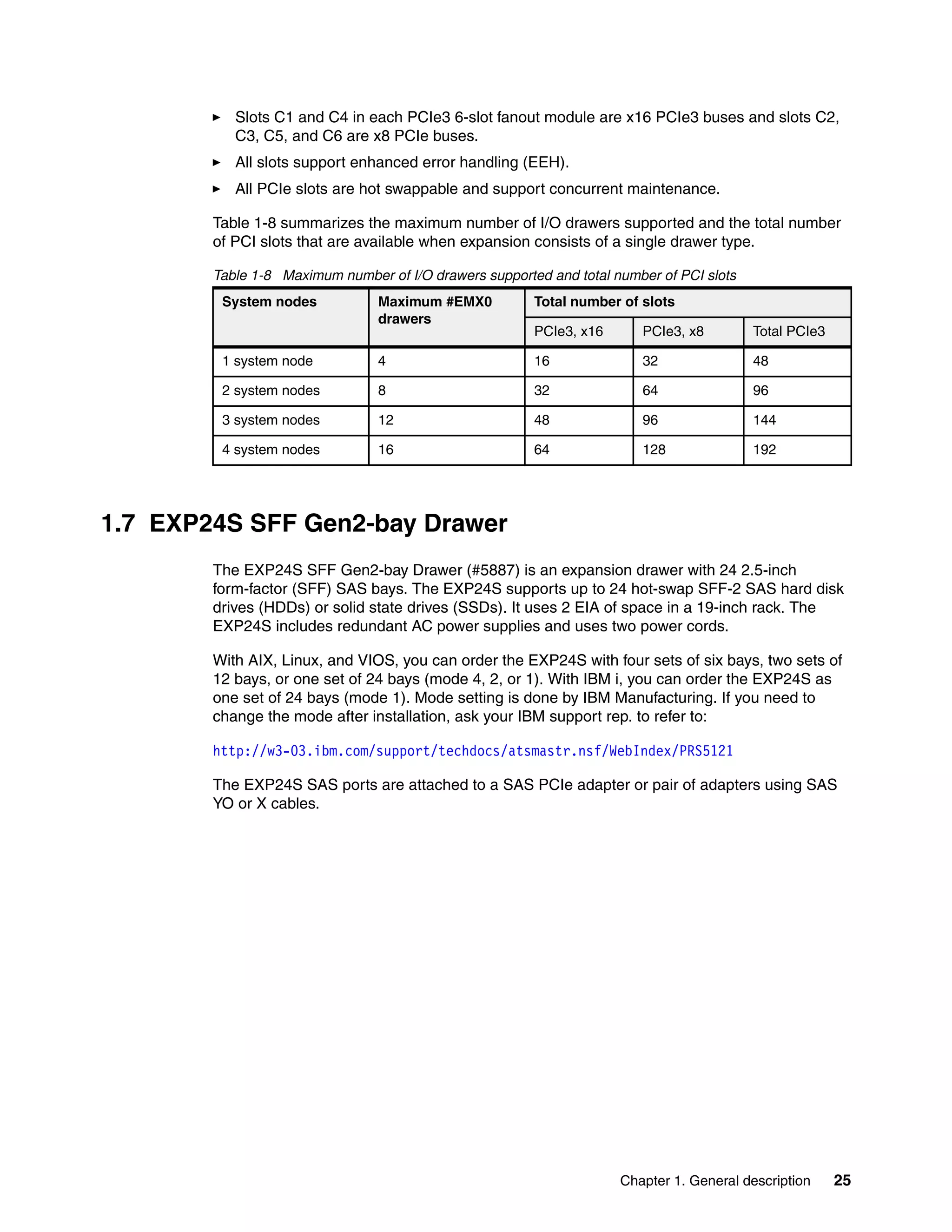Chapter 1. General description 25
Slots C1 and C4 in each PCIe3 6-slot fanout module are x16 PCIe3 buses and slots C2,
C3, C5, and C6 are x8 PCIe buses.
All slots support enhanced error handling (EEH).
All PCIe slots are hot swappable and support concurrent maintenance.
Table 1-8 summarizes the maximum number of I/O drawers supported and the total number
of PCI slots that are available when expansion consists of a single drawer type.
Table 1-8 Maximum number of I/O drawers supported and total number of PCI slots
1.7 EXP24S SFF Gen2-bay Drawer
The EXP24S SFF Gen2-bay Drawer (#5887) is an expansion drawer with 24 2.5-inch
form-factor (SFF) SAS bays. The EXP24S supports up to 24 hot-swap SFF-2 SAS hard disk
drives (HDDs) or solid state drives (SSDs). It uses 2 EIA of space in a 19-inch rack. The
EXP24S includes redundant AC power supplies and uses two power cords.
With AIX, Linux, and VIOS, you can order the EXP24S with four sets of six bays, two sets of
12 bays, or one set of 24 bays (mode 4, 2, or 1). With IBM i, you can order the EXP24S as
one set of 24 bays (mode 1). Mode setting is done by IBM Manufacturing. If you need to
change the mode after installation, ask your IBM support rep. to refer to:
http://w3-03.ibm.com/support/techdocs/atsmastr.nsf/WebIndex/PRS5121
The EXP24S SAS ports are attached to a SAS PCIe adapter or pair of adapters using SAS
YO or X cables.
System nodes Maximum #EMX0
drawers
Total number of slots
PCIe3, x16 PCIe3, x8 Total PCIe3
1 system node 4 16 32 48
2 system nodes 8 32 64 96
3 system nodes 12 48 96 144
4 system nodes 16 64 128 192
 