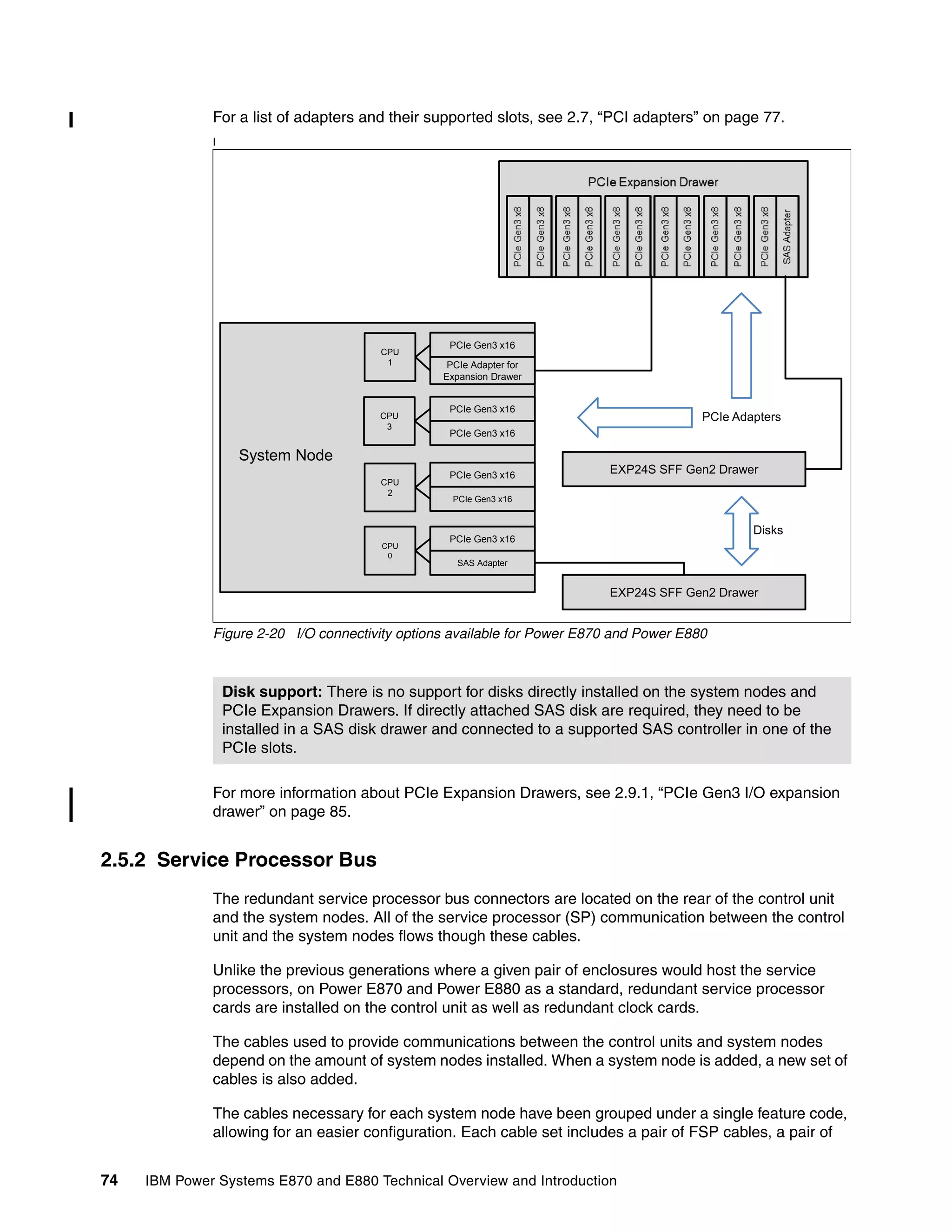 74 IBM Power Systems E870 and E880 Technical Overview and Introduction
For a list of adapters and their supported slots, see 2.7, “PCI adapters” on page 77.
I
Figure 2-20 I/O connectivity options available for Power E870 and Power E880
For more information about PCIe Expansion Drawers, see 2.9.1, “PCIe Gen3 I/O expansion
drawer” on page 85.
2.5.2 Service Processor Bus
The redundant service processor bus connectors are located on the rear of the control unit
and the system nodes. All of the service processor (SP) communication between the control
unit and the system nodes flows though these cables.
Unlike the previous generations where a given pair of enclosures would host the service
processors, on Power E870 and Power E880 as a standard, redundant service processor
cards are installed on the control unit as well as redundant clock cards.
The cables used to provide communications between the control units and system nodes
depend on the amount of system nodes installed. When a system node is added, a new set of
cables is also added.
The cables necessary for each system node have been grouped under a single feature code,
allowing for an easier configuration. Each cable set includes a pair of FSP cables, a pair of
Disk support: There is no support for disks directly installed on the system nodes and
PCIe Expansion Drawers. If directly attached SAS disk are required, they need to be
installed in a SAS disk drawer and connected to a supported SAS controller in one of the
PCIe slots.
EXP24S SFF Gen2 Drawer
Disks
PCIe Adapters
EXP24S SFF Gen2 Drawer
System Node
PCIe Gen3 x16
PCIe Adapter for
Expansion Drawer
PCIe Gen3 x16
PCIe Gen3 x16
PCIe Gen3 x16
PCIe Gen3 x16
PCIe Gen3 x16
SAS Adapter
CPU
1
CPU
0
CPU
2
CPU
3
 