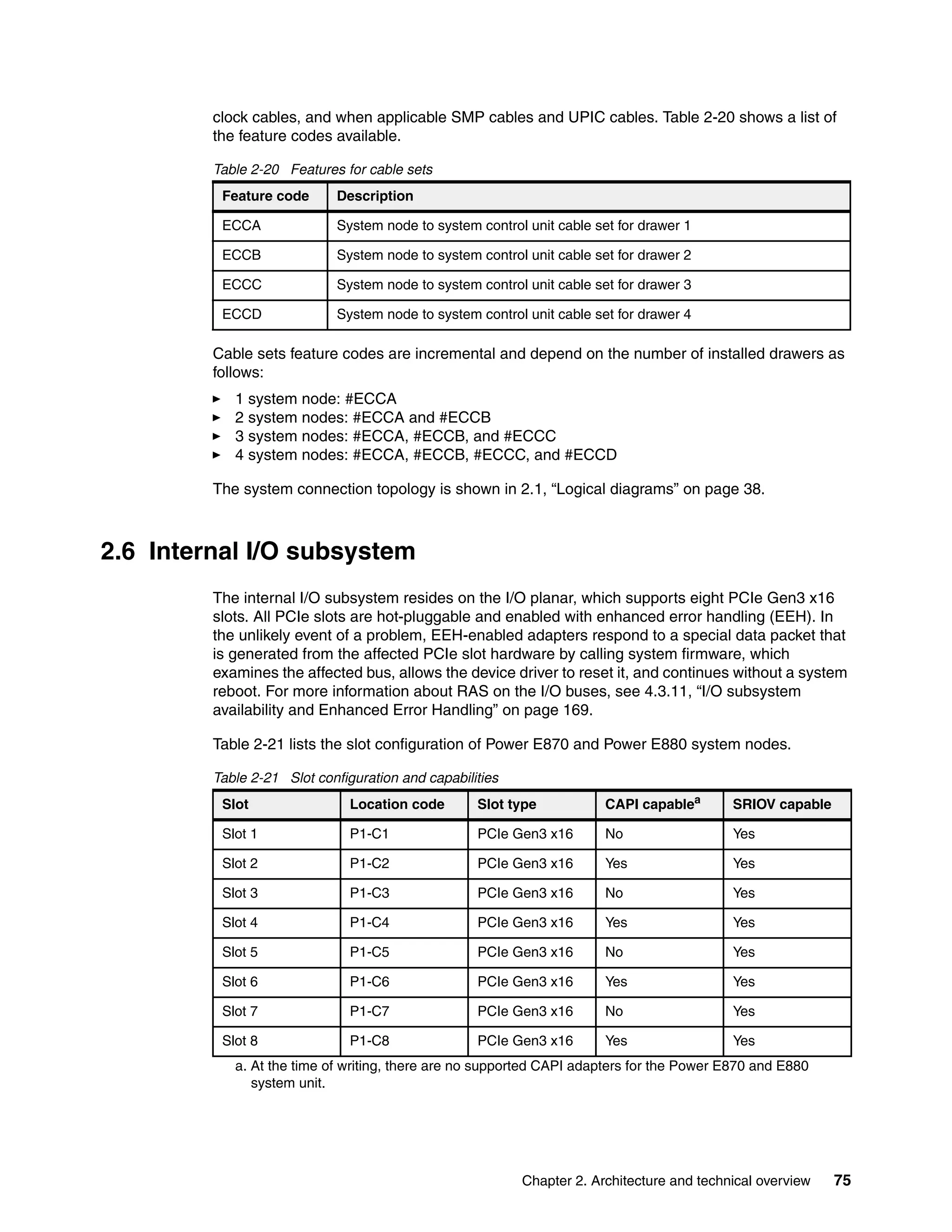 Chapter 2. Architecture and technical overview 75
clock cables, and when applicable SMP cables and UPIC cables. Table 2-20 shows a list of
the feature codes available.
Table 2-20 Features for cable sets
Cable sets feature codes are incremental and depend on the number of installed drawers as
follows:
1 system node: #ECCA
2 system nodes: #ECCA and #ECCB
3 system nodes: #ECCA, #ECCB, and #ECCC
4 system nodes: #ECCA, #ECCB, #ECCC, and #ECCD
The system connection topology is shown in 2.1, “Logical diagrams” on page 38.
2.6 Internal I/O subsystem
The internal I/O subsystem resides on the I/O planar, which supports eight PCIe Gen3 x16
slots. All PCIe slots are hot-pluggable and enabled with enhanced error handling (EEH). In
the unlikely event of a problem, EEH-enabled adapters respond to a special data packet that
is generated from the affected PCIe slot hardware by calling system firmware, which
examines the affected bus, allows the device driver to reset it, and continues without a system
reboot. For more information about RAS on the I/O buses, see 4.3.11, “I/O subsystem
availability and Enhanced Error Handling” on page 169.
Table 2-21 lists the slot configuration of Power E870 and Power E880 system nodes.
Table 2-21 Slot configuration and capabilities
Feature code Description
ECCA System node to system control unit cable set for drawer 1
ECCB System node to system control unit cable set for drawer 2
ECCC System node to system control unit cable set for drawer 3
ECCD System node to system control unit cable set for drawer 4
Slot Location code Slot type CAPI capablea
a. At the time of writing, there are no supported CAPI adapters for the Power E870 and E880
system unit.
SRIOV capable
Slot 1 P1-C1 PCIe Gen3 x16 No Yes
Slot 2 P1-C2 PCIe Gen3 x16 Yes Yes
Slot 3 P1-C3 PCIe Gen3 x16 No Yes
Slot 4 P1-C4 PCIe Gen3 x16 Yes Yes
Slot 5 P1-C5 PCIe Gen3 x16 No Yes
Slot 6 P1-C6 PCIe Gen3 x16 Yes Yes
Slot 7 P1-C7 PCIe Gen3 x16 No Yes
Slot 8 P1-C8 PCIe Gen3 x16 Yes Yes
 