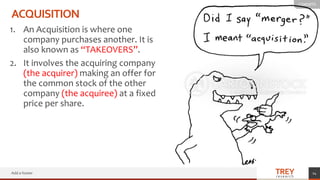 TREY
research
ACQUISITION
1. An Acquisition is where one
company purchases another. It is
also known as “TAKEOVERS”.
2. It involves the acquiring company
(the acquirer) making an offer for
the common stock of the other
company (the acquiree) at a fixed
price per share.
Add a footer 14
 