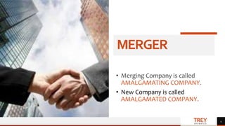 TREY
research
MERGER
• Merging Company is called
AMALGAMATING COMPANY.
• New Company is called
AMALGAMATED COMPANY.
4
 