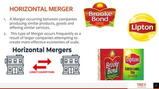 TREY
research
HORIZONTALMERGER
8
1. A Merger occurring between companies
producing similar products, goods and
offering similar services.
2. This type of Merger occurs frequently as a
result of larger companies attempting to
create more effective economies of scale.
 