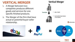 TREY
research
VERTICALMERGER
1. A Merger between two
companies produces different
goods and services for one
specific finished products.
2. The Merger of the firm that have
actual or potential buyer-seller
relationship.
9
 