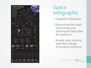 Space
Infographic
• Created in Illustrator
• Researched the topic
  extensively and
  determined best data
  for audience
• Simple color scheme
  and clean design
  to prevent confusion



    COURTNEY TYE design
 