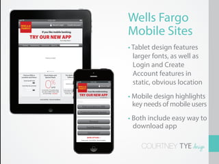 0:00 AM                                                                                                                        Wells Fargo
                                                                                                                                                                           Mobile Sites
                                                    Secure Login                     Create Account


                                 If you like mobile banking,

              TRY OUR NEW APP                                     Go to App Store >


 Personal     Small Business     Commercial       About Us

                                                                                                                                                                           • Tablet design features
                                                                      Search




                                        PH OTO S L I D E R                                                                                                                   larger fonts, as well as
                                                                                                                                                                             Login and Create
  Find an ATM or
Location and Hours
                                     Check Rates and
                                      Special Deals
                                                                                  The Wells Fargo
                                                                                    Difference
                                                                                                                                                                             Account features in
  Search By ZIP Code
   ZIP Code       Go!


Search By City and State
                                       0          %                                PH OTO/G R A PH I C
                                                                                                                                   0:00 AM

                                                                                                                                                         Secure Login
                                                                                                                                                                             static, obvious location
   City                                           APR
   State          Go!            For the first 15 months when                  Lorem ipsum dolor sit amet,
                                 you open a Wells Fargo credit                  consectetur adipiscing elit.                 If you like mobile banking,


                                                                                                                                                                           • Mobile design highlights
                                   account today... READ MORE>                    Donec sed ... READ MORE>
                                                                                                           TRY OUR NEW APP                             Go to App Store >

                               Go to Full Site • Terms & Conditions



                                                                                                                                                                             key needs of mobile users
                                                                                                           Search


                                                                                                                 Find a Location or ATM
                                                                                                               Contact Customer Service


                                                                                                                                Personal
                                                                                                                                                                           • Both include easy way to
                                                                                                                          Small Business                                     download app
                                                                                                                            Commercial
                                                                                                                           MORE OPTIONS >
                                                                                                               Create account • Go to Full Site • Terms & Conditions




                                                                                                                                                                               COURTNEY TYE design
 