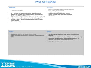 SWOT (GZTF) ANALİZİ

GÜÇLÜ YÖNLER                                                                              ZAYIF YÖNLER

                                                                                          •   Kurumsal yapısından dolayı verilen kararlar hızlı uygulanamaz
•   IT sektöründeki en büyük firma                                                        •   Toplam varlıkları giderek azalmaktadır
•   Ürün çeşitliliği                                                                      •   Gergin ve stres’ i bir çalışma ortamı
•   IBM 17 yıldır sürekli ABD'de patentler ile teknolojik başarısı dünya lideridir        •   Bünyesinde sürdürebileceği tedarik zincir sistemi yok
•   2008 yılında IBM 4186 patent aldı ve 2009 yılında da 4.914 bu miktarı artmıştır       •   Sistem ve servislerden dolayı şirketin atışları düşmektedir
•   ABD deki en karlı 1000 şirketin %95’i ile çalışıyor                                   •   Yüksek fiyatlar
•   2012 başlarında marka değeri en yüksek olan 3. Marka olduğu belirlenmiştir, son 20
    yıl içinde de sürekli ilk 10 içerisinde bulunarak tutarlı bir görüntü sergilemiştir
•   116 milyar$’lık değeri ve 16 milyar$’lık kar ile dünyanın en büyük ve en değerli
    şirketleri arasındadır
•   Şirket son derece yenilikçi




FIRSATLAR                                                                                 TEHDİTLER

•   Dünya çapındaki müşterilerin yeni teknoloji bilincinin artması                        •   Bazı ülkelerdeki ağır vergilerden dolayı fiyatları arttırmak zorunda
•   Rusya Çin ve Brezilyadaki bilgi teknolojisinin büyüme oranı globaldenkinden daha          kalıyorlar
    fazladır                                                                              •   Alıcıların pazarlık gücü yüksek olduğu ve IBM in fiyatları da yüksek olduğu
                                                                                              için alıcıların alternatif firmalarla çalışma şansı vardır (HP, DELL vs)
                                                                                          •   Artan siber suçlar şirketin başarısı için sorun yaratıyor
                                                                                          •   Düşük fiyatlı ürün satan firmalar
 