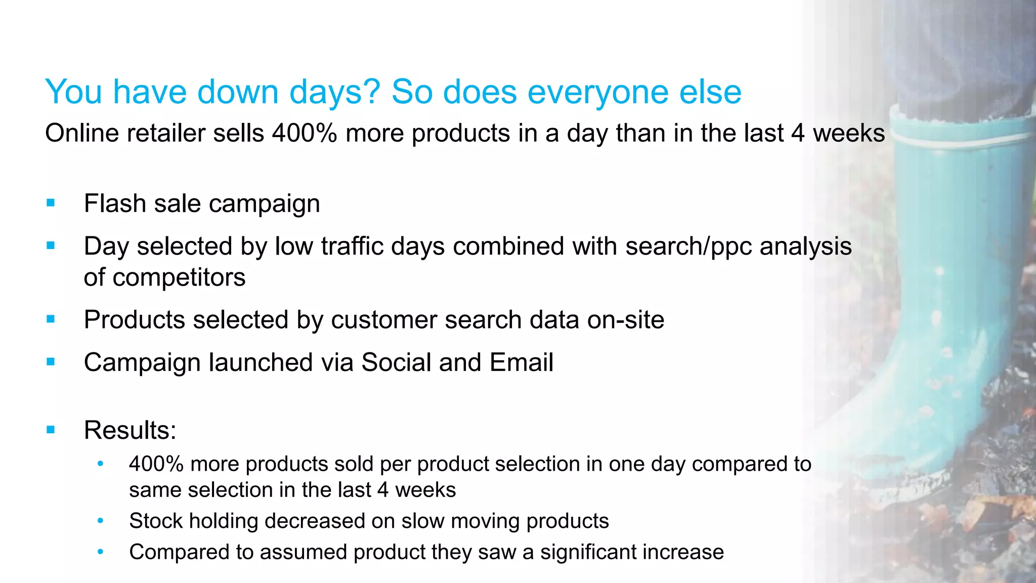 You have down days? So does everyone else
Online retailer sells 400% more products in a day than in the last 4 weeks
 Flash sale campaign
 Day selected by low traffic days combined with search/ppc analysis
of competitors
 Products selected by customer search data on-site
 Campaign launched via Social and Email
 Results:
• 400% more products sold per product selection in one day compared to
same selection in the last 4 weeks
• Stock holding decreased on slow moving products
• Compared to assumed product they saw a significant increase
 