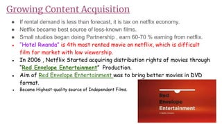 Growing Content Acquisition
● If rental demand is less than forecast, it is tax on netflix economy.
● Netflix became best source of less-known films.
● Small studios began doing Partnership , earn 60-70 % earning from netflix.
● “Hotel Rwanda” is 4th most rented movie on netflix, which is difficult
film for market with low viewership.
● In 2006 , Netflix Started acquiring distribution rights of movies through
“Red Envelope Entertainment” Production.
● Aim of Red Envelope Entertainment was to bring better movies in DVD
format.
● Became Highest-quality source of Independent Films.
 