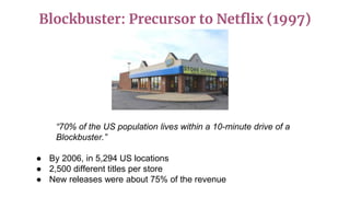 Blockbuster: Precursor to Netflix (1997)
“70% of the US population lives within a 10-minute drive of a
Blockbuster.”
● By 2006, in 5,294 US locations
● 2,500 different titles per store
● New releases were about 75% of the revenue
 