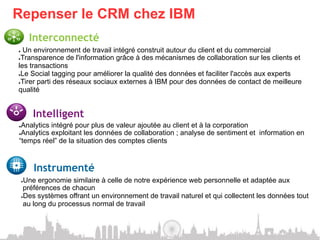 Repenser le CRM chez IBM
          Interconnecté
● Un environnement de travail intégré construit autour du client et du commercial
● Transparence de l'information grâce à des mécanismes de collaboration sur les clients et

les transactions
● Le Social tagging pour améliorer la qualité des données et faciliter l'accès aux experts

● Tirer parti des réseaux sociaux externes à IBM pour des données de contact de meilleure

qualité


          Intelligent
● Analytics intégré pour plus de valeur ajoutée au client et à la corporation
● Analytics exploitant les données de collaboration ; analyse de sentiment et information en

“temps réel” de la situation des comptes clients


          Instrumenté
     ● Une ergonomie similaire à celle de notre expérience web personnelle et adaptée aux
      préférences de chacun
     ● Des systèmes offrant un environnement de travail naturel et qui collectent les données tout

      au long du processus normal de travail
 