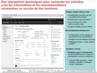 Des interactions dynamiques pour connecter les individus
avec les informations et les recommandations
nécessaires au succès de leur business
                                                                      Simple, Intégré, Easy to Use
                                                                         Simplification permise par les
  People      Networks                         Interactions
                                                                       !

                                                                         nouvelles Business &
                                                                                     technologies
                                                                       !
                                                                                 Social Analytics
                                                                         Simplification des processus
                                                        Blogs          !
                                                                         Les processus de vente
                                                                         dans un outil unique
                                  People Profiles                      !
                                                                         Support mobile & accès offline
 Employees     Experts           Tasks & Activities                   Social Business Enablement
                                                           Mobility
                                       wikis                               !
                                                                             Collaboration ('micro-blog') sur
                                                                             les clients et les transactions
                                                                           !
                                                                             Intégré avec les Réseaux sociaux
                               Innovative Communities                      !
                                                                             Intégration Notes : email, alertes,
                                                                             livetext
  Partners   Communities
                            Ideation              File Sharing Made Simple
                                                                      Analytics avancé
                                  Intranet
                                                                       Analytics pour le commercial
                                                                       !

                                                 Internet Social Media recommandations pour closer un
                                                                       deal (expert, contenu, méthode...)
                                  Extranet
                                                                Communities à 360° du client : base
                                                                       !

             Groups/Teams                                              Vision
 Customers                                                                     installée, situations critiques,
                                                                               revenu historique...
                                                            Applications
 