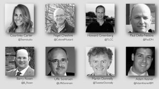 Howard Greenberg
@TLCC
Paul Della-Nebbia
@PaulDN
Courtney Carter
@Teamstudio
Barry Rosen
@B_Rosen
Uffe Sorensen
@UffeSorensen
Martin Donnelly
@TweeterDonnelly
Nigel Cheshire
@ColonelMustard
Adam Kesner
@AdamKesnerIBM
 