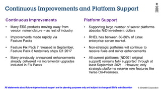 © 2016 IBM Corporation
Under NDA
Platform  Support
• Supporting  large  number  of  server  platforms  
absorbs  N/D  investment  dollars
• RHEL  has  between  60-­80%  of  Linux  
enterprise  server  market.
• Non-­strategic  platforms  will  continue  to  
receive  fixes  and  minor  enhancements
• All  current  platforms  (ND901  original  
support)  remains  fully  supported  through  at  
least  September  2021.      However,  only  
strategic  platforms  receive  new  features  like  
Verse  On-­Premises.
Continuous  Improvements
• Many  ESS  products  moving  away  from
version  nomenclature  – as  rest  of  industry
• Improvements  made  rapidly  via  
Feature  Packs
• Feature  Fix Pack  7  released  in  September,  
Feature  Pack  8  tentatively  ships  Q1  2017
• Many  previously  announced  enhancements  
already  delivered  via  incremental  upgrades  
included  in  Fix  Packs  
Continuous Improvements and Platform Support
All statements about future shipments and support are for planning purposes only and subject to change at IBM’s sole discretion
 