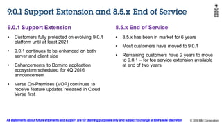 © 2016 IBM Corporation
Under NDA
8.5.x  End  of  Service
• 8.5.x  has  been  in  market  for  6  years
• Most  customers  have  moved  to  9.0.1
• Remaining  customers  have  2  years  to  move  
to  9.0.1  – for  fee  service  extension  available  
at  end  of  two  years
9.0.1  Support  Extension  
• Customers  fully  protected  on  evolving  9.0.1  
platform  until  at  least  2021
• 9.0.1  continues  to  be  enhanced  on  both  
server  and  client  side
• Enhancements  to  Domino  application  
ecosystem  scheduled  for  4Q  2016  
announcement
• Verse  On-­Premises  (VOP)  continues  to  
receive  feature  updates  released  in  Cloud  
Verse  first
9.0.1 Support Extension and 8.5.x End of Service
All statements about future shipments and support are for planning purposes only and subject to change at IBM’s sole discretion
 