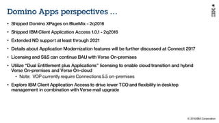 © 2016 IBM Corporation
Under NDA
Domino XPages applications perspectives …
• Feature Packs work well with XPages
• XPages ...