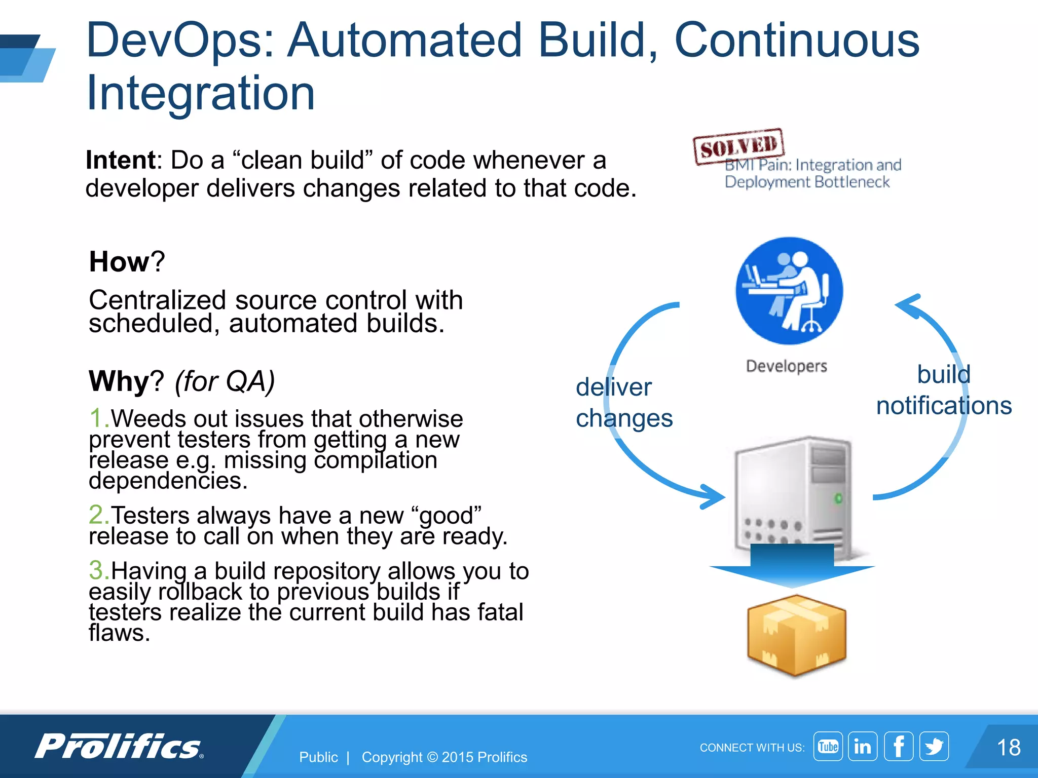 CONNECT WITH US:
DevOps: Automated Build, Continuous
Integration
18
Intent: Do a “clean build” of code whenever a
developer delivers changes related to that code.
How?
Centralized source control with
scheduled, automated builds.
Why? (for QA)
1.Weeds out issues that otherwise
prevent testers from getting a new
release e.g. missing compilation
dependencies.
2.Testers always have a new “good”
release to call on when they are ready.
3.Having a build repository allows you to
easily rollback to previous builds if
testers realize the current build has fatal
flaws.
deliver
changes
build
notifications
Public | Copyright © 2015 Prolifics
 