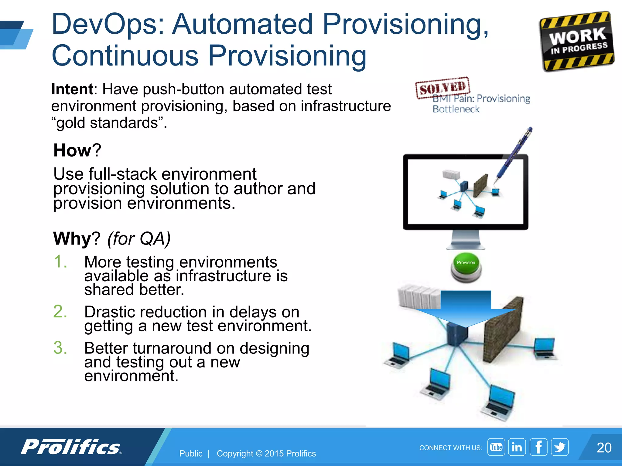 CONNECT WITH US:
How?
Use full-stack environment
provisioning solution to author and
provision environments.
Why? (for QA)
1. More testing environments
available as infrastructure is
shared better.
2. Drastic reduction in delays on
getting a new test environment.
3. Better turnaround on designing
and testing out a new
environment.
DevOps: Automated Provisioning,
Continuous Provisioning
20
Intent: Have push-button automated test
environment provisioning, based on infrastructure
“gold standards”.
Provision
Public | Copyright © 2015 Prolifics
 