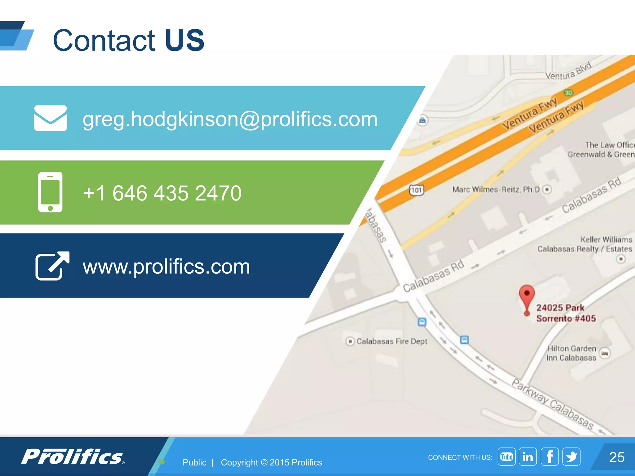 CONNECT WITH US:
Contact US
25
www.prolifics.com
+1 646 435 2470
greg.hodgkinson@prolifics.com
 Public | Copyright © 2015 Prolifics
 
