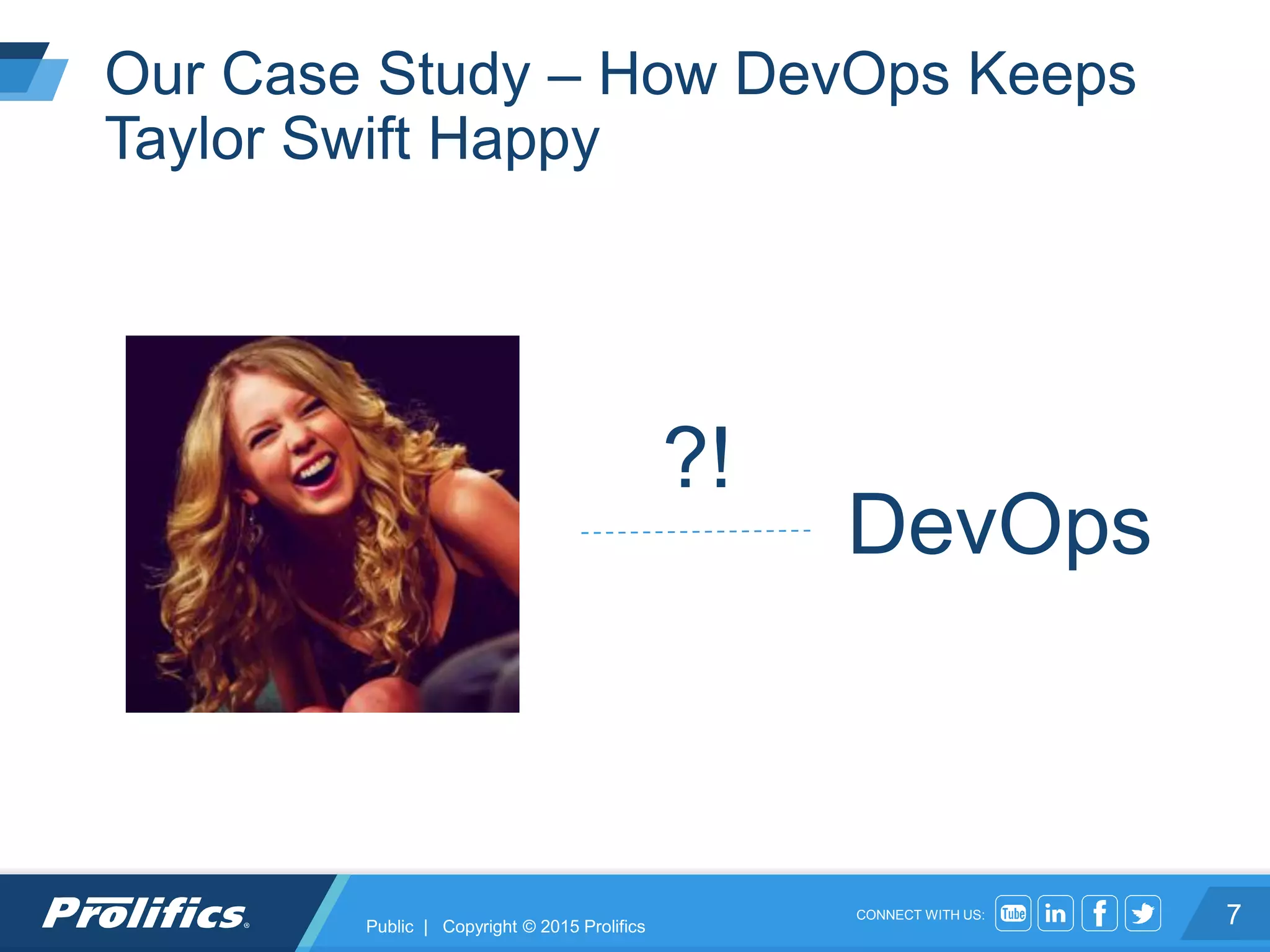 CONNECT WITH US:
Our Case Study – How DevOps Keeps
Taylor Swift Happy
7
DevOps
?!
Public | Copyright © 2015 Prolifics
 