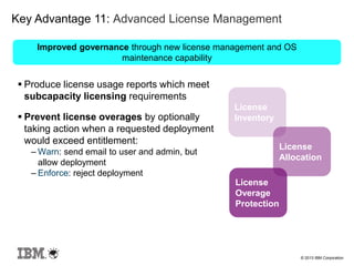 © 2013 IBM Corporation
 Produce license usage reports which meet
subcapacity licensing requirements
 Prevent license overages by optionally
taking action when a requested deployment
would exceed entitlement:
– Warn: send email to user and admin, but
allow deployment
– Enforce: reject deployment
Improved governance through new license management and OS
maintenance capability
License
Inventory
License
Allocation
License
Overage
Protection
Key Advantage 11: Advanced License Management
 