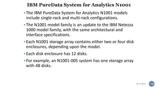  The IBM PureData System for Analytics N1001 models 
include single-rack and multi-rack configurations. 
 The N1001 model family is an update to the IBM Netezza 
1000 model family, with the same architectural and 
interface specifications. 
 Each N1001 storage array contains either two or four disk 
enclosures, depending upon the model. 
 Each disk enclosure has 12 disks. 
 For example, an N1001-005 system has one storage array 
with 48 disks. 
10/12/2014 10 
 