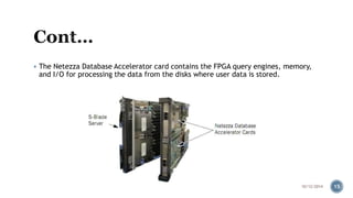  The Netezza Database Accelerator card contains the FPGA query engines, memory, 
and I/O for processing the data from the disks where user data is stored. 
10/12/2014 15 
 