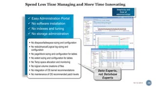 Simplicity and 
Ease of 
Administration 
 No dbspace/tablespace sizing and configuration 
 No redo/physical/Logical log sizing and 
configuration 
 No page/block sizing and configuration for tables 
 No extent sizing and configuration for tables 
 No Temp space allocation and monitoring 
 No logical volume creations of files 
 No integration of OS kernel recommendations 
 No maintenance of OS recommended patch levels 
Data Experts, 
not Database 
Experts 
 Easy Administration Portal 
 No software installation 
 No indexes and tuning 
 No storage administration 
10/12/2014 25 
 