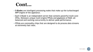  S-Blades are intelligent processing nodes that make up the turbocharged 
MPP engine of the appliance. 
 Each S-Blade is an independent server that contains powerful multi-core 
CPUs, Netezza's unique multi-engine FPGAs and gigabytes of RAM--all 
balanced and working concurrently to deliver peak performance. 
 FPGAs are commodity chips that are designed to do process data streams 
at extremely fast rates. 
10/12/2014 37 
 