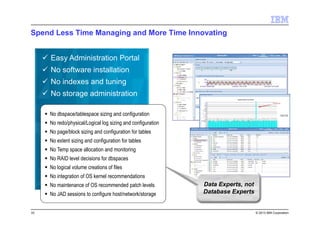 © 2013 IBM Corporation
Spend Less Time Managing and More Time Innovating
33
No dbspace/tablespace sizing and configuration
No redo/physical/Logical log sizing and configuration
No page/block sizing and configuration for tables
No extent sizing and configuration for tables
No Temp space allocation and monitoring
No RAID level decisions for dbspaces
No logical volume creations of files
No integration of OS kernel recommendations
No maintenance of OS recommended patch levels
No JAD sessions to configure host/network/storage
Data Experts, not
Database Experts
Easy Administration Portal
No software installation
No indexes and tuning
No storage administration
 