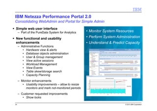 © 2013 IBM Corporation
IBM Netezza Performance Portal 2.0
Consolidating WebAdmin and Portal for Simple Admin
34
Simple web user interface
– Part of the PureData System for Analytics
New functional and usability
enhancements
– Administrative Functions
• Hardware view & alerts
• Database objects administration
• User & Group management
• View active sessions
• Workload Management
• View Events
• Table skew/storage search
• Capacity Planning
– Monitor enhancements
• Usability improvements – allow to resize
monitors and mark not-monitored periods
– Customer requested improvements
• Show locks
• Monitor System Resources
• Perform System Administration
• Understand & Predict Capacity
 