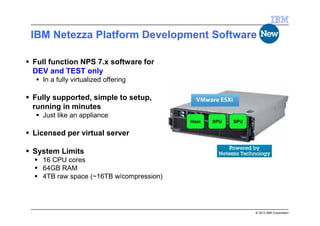 © 2013 IBM Corporation
IBM Netezza Platform Development Software
Full function NPS 7.x software for
DEV and TEST only
In a fully virtualized offering
Fully supported, simple to setup,
running in minutes
Just like an appliance
Licensed per virtual server
System Limits
16 CPU cores
64GB RAM
4TB raw space (~16TB w/compression)
Host SPU SPU
 